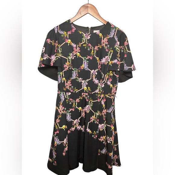Ted Baker Dress Floral Black Fit & Flare Size 3 - Picture 1 of 8